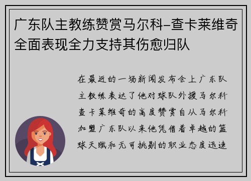 广东队主教练赞赏马尔科-查卡莱维奇全面表现全力支持其伤愈归队