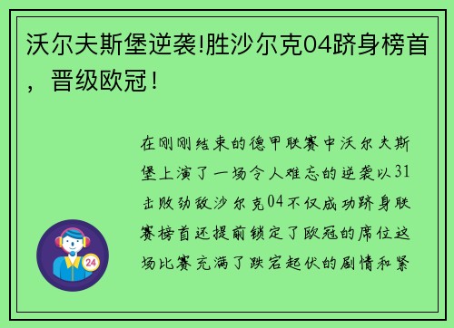 沃尔夫斯堡逆袭!胜沙尔克04跻身榜首，晋级欧冠！